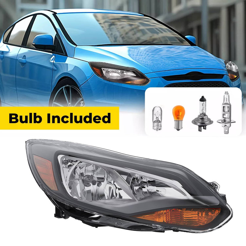 DURAFORCE Black Right Passenger Side Headlight Clear Lens Halogen for Ford Focus 2012-2014