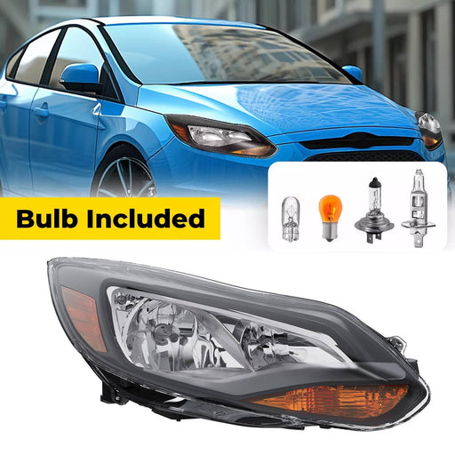DURAFORCE Black Right Passenger Side Headlight Clear Lens Halogen for Ford Focus 2012-2014