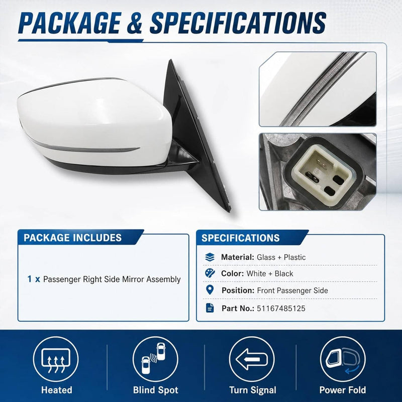 Passenger Side Mirror Blind Spot White for 2019-2023 BMW 320i 330i 330e