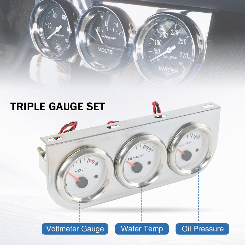 Universal 52mm Volt Water Oil Pressure Triple 3 Gauge Set Chrome Kit
