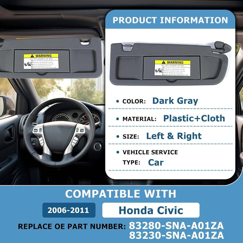 Sun Visor Pair Dark Gray for Honda Civic 2006-2011 Left Right Set