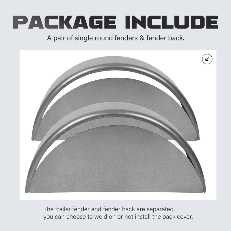 For 14" 15" 16" Wheel Steel Round Single Axle 2 Trailer Fenders with Back Plate