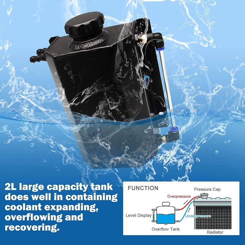 2L Radiator Coolant Overflow Water Bottle Expansion Reservoir Tank w/ Cap Black