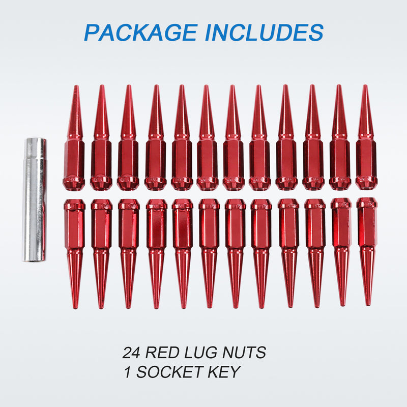 24 PCS Spike Lug Nuts 14x1.5 Red for Chevy Silverado Tahoe 4.4" Tall With Key