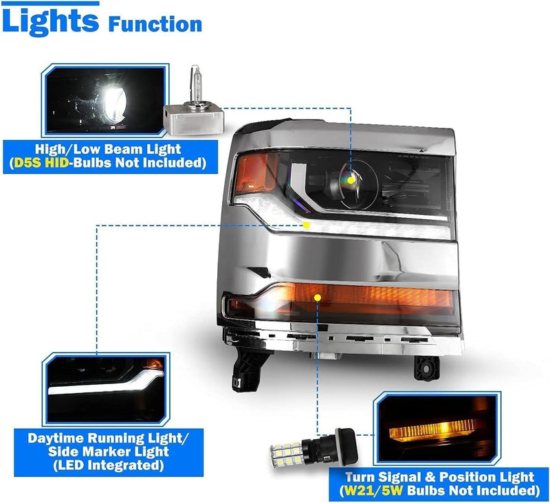 Pair Chrome Headlights for Chevy Silverado 1500 2016-2018 HID Xenon Headlamps 2