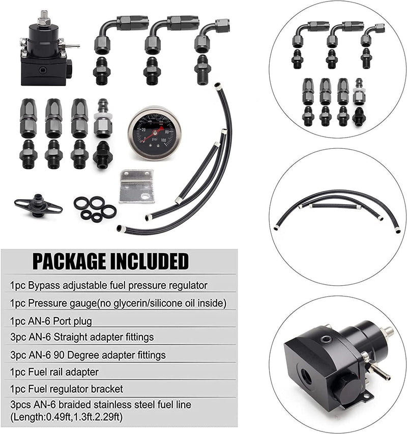 Universal Fuel Pressure Regulator Kit 100psi Gauge AN6 Hose Fittings