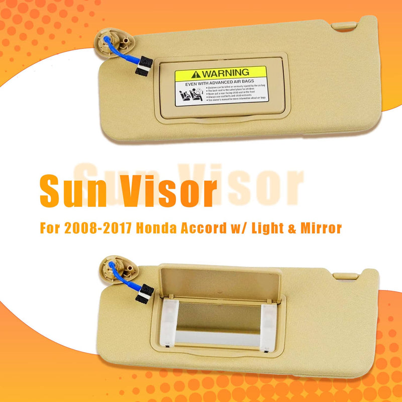 83280-TA5-A51ZA Sun Visor Tan w/ Light Mirror 2Pcs for Honda Accord 2008-2017
