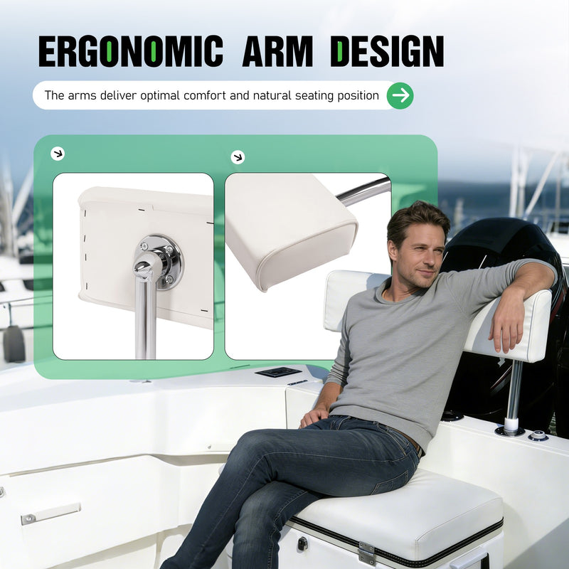 Universal Boat Seat Backrest with Folding Arms Leaning Post White Silver