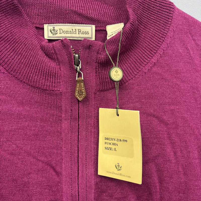 Sleeveless 1/4 Zip Vest For Donald Ross Men's L Fuschia 100 Percent Merino Wool