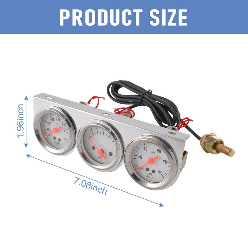 52mm Mechanical Triple Gauge Set Chrome for Water Temp Oil Pressure Volt Meter