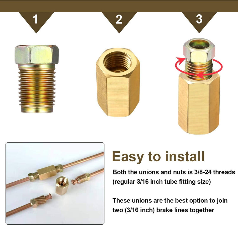 12 Piece 3/16in Brake Line 3/8-24 Inverted Fittings and Brass Unions for Brake
