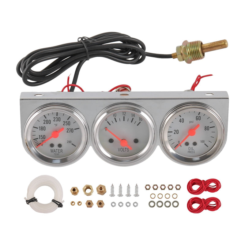 52mm Mechanical Triple Gauge Set Chrome for Water Temp Oil Pressure Volt Meter