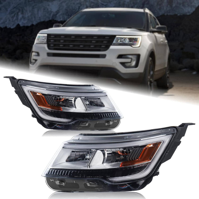Headlights Assembly w/ LED DRL LH+RH for Ford Explorer 2016-2019 Chrome Pair