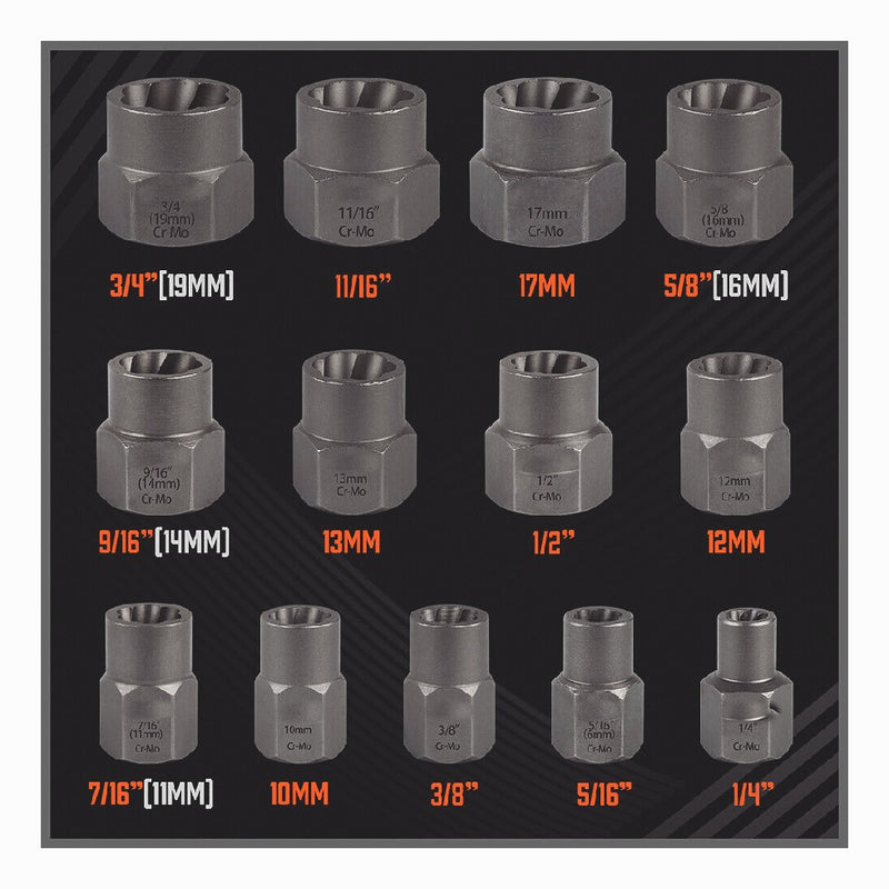 Impact Bolt Extractor Set Nut Remover Stripped Socket Tools 15 Piece