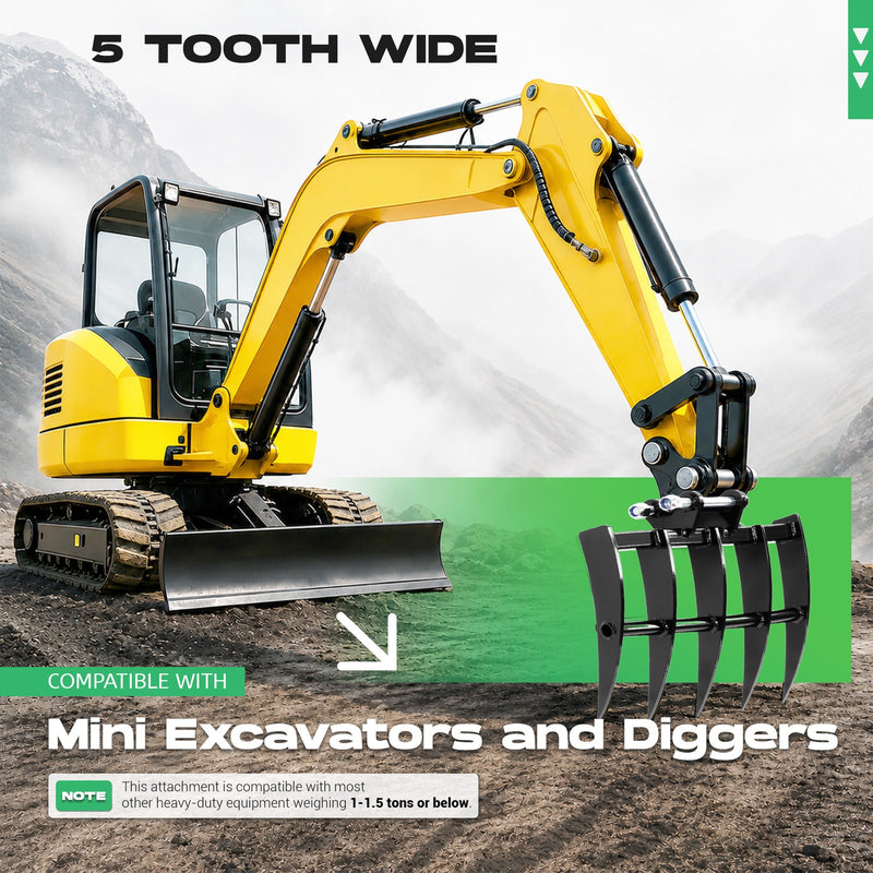 Mini Excavator Attachment Rake 5 Tools for Mini Excavator Heavy Duty Thick