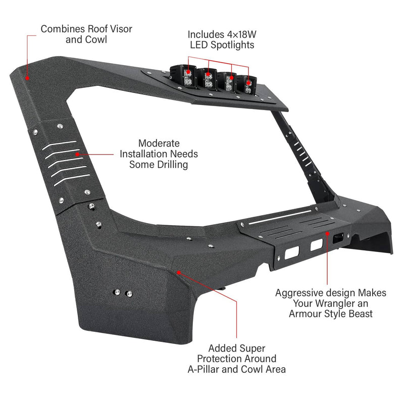 DURAFORCE Steel Armor Windshield Frame Cover Visor Cowl w/LED for Jeep Wrangler JK 2007-18