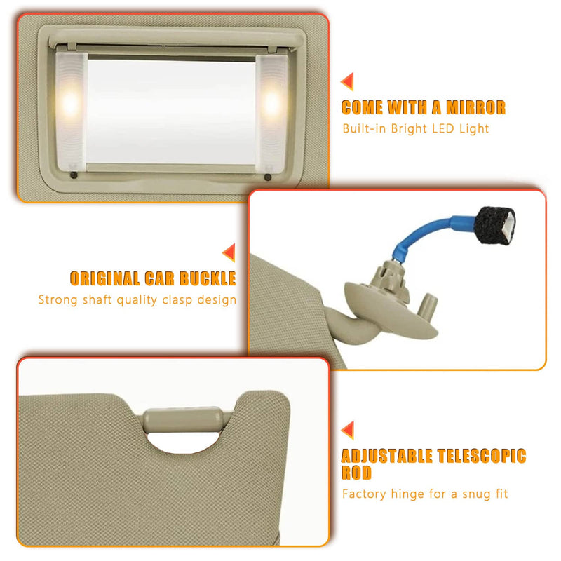 Left & Right Side Beige Sun Visor with Light & Mirror for Honda Accord 2008-2017