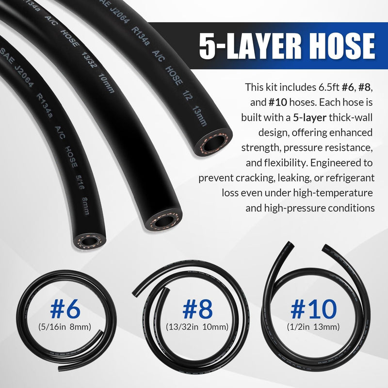 Air Conditioning Hose & Fitting Kit with 6.5ft #6 #8 #10 AC Hoses