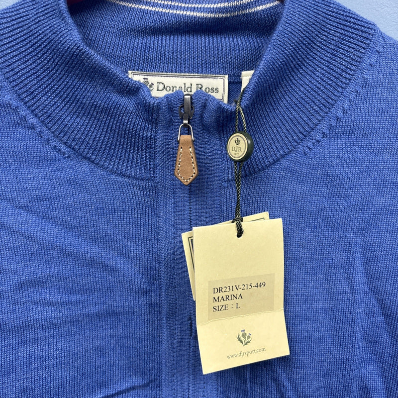 Sleeveless 1/4 Zip Vest For Donald Ross Men's L Blue 100 Percent Merino Wool
