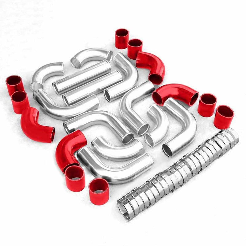 Universal 3" Aluminum Intercooler Turbo Piping Kit Hose Red Silicone Clamp