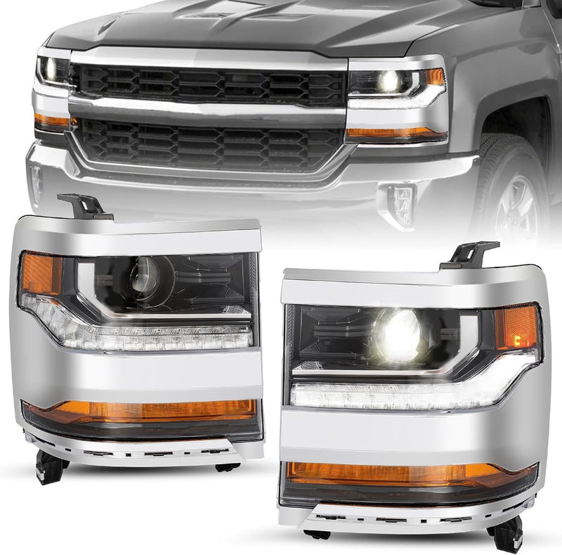 Pair Chrome Headlights for Chevy Silverado 1500 2016-2018 HID Xenon Headlamps 2