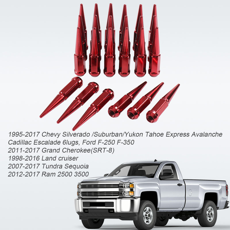 24 PCS Spike Lug Nuts 14x1.5 Red for Chevy Silverado Tahoe 4.4" Tall With Key