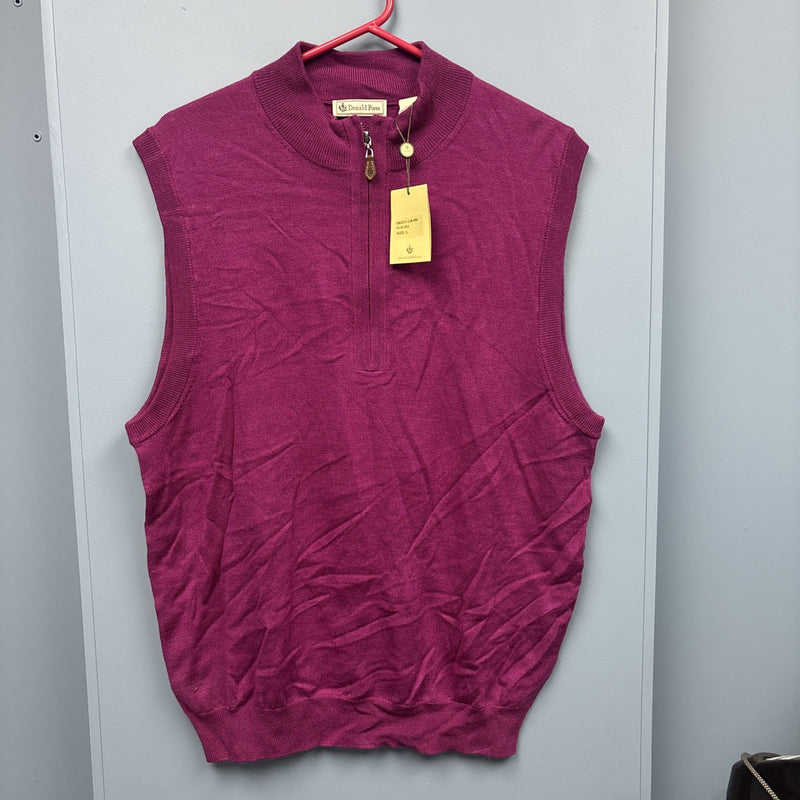 Sleeveless 1/4 Zip Vest For Donald Ross Men's L Fuschia 100 Percent Merino Wool