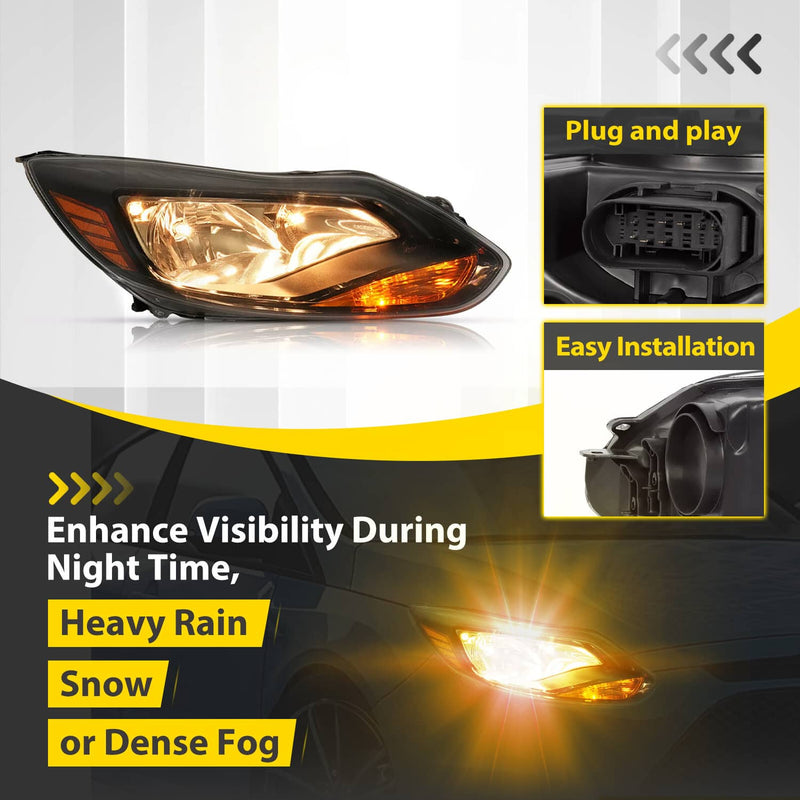 DURAFORCE Black Right Passenger Side Headlight Clear Lens Halogen for Ford Focus 2012-2014