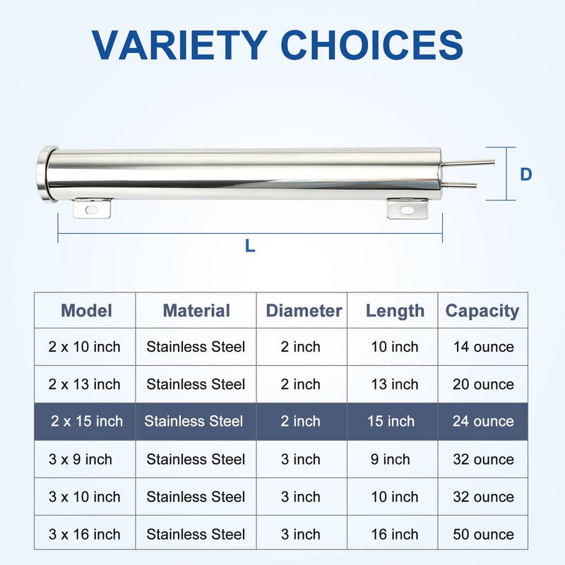 24 Oz Polished Stainless Steel 2" x 15" Radiator Dr Overflow Tank Bottle