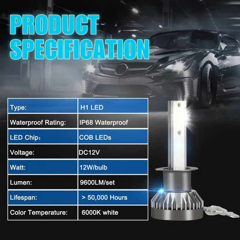 H1 LED Headlight Bulbs Conversion Kit High Low Beam 6000K 4Pcs Super White