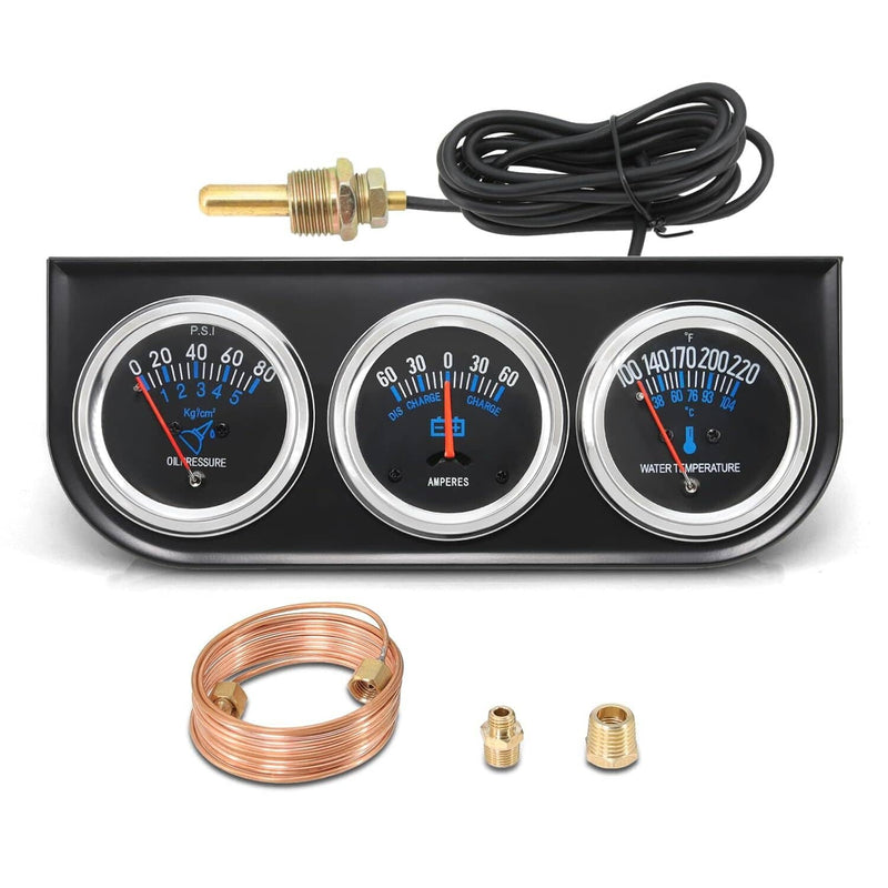 Black 2" 52mm Car 3 in 1 Triple Gauge Set Kit AMP Water Temp Oil Pressure
