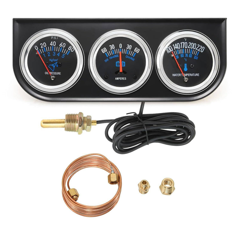 Black 2" 52mm Car 3 in 1 Triple Gauge Set Kit AMP Water Temp Oil Pressure