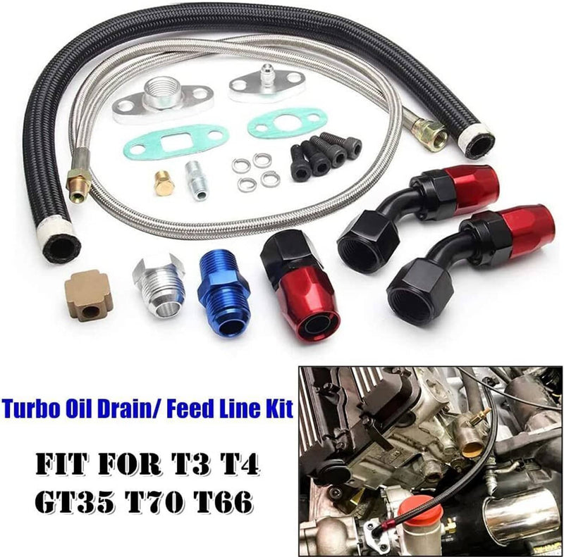 Oil Feed Line + 10AN Oil Drain Return Fitting for Turbo T3 T4 T6 GT45 T04E T66