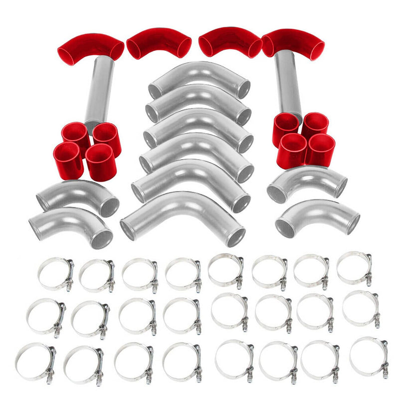 Universal 3" Aluminum Intercooler Turbo Piping Kit Hose Red Silicone Clamp