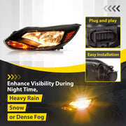DURAFORCE Black Left Driver Side Headlights Clear Lens Halogen for Ford Focus 2012-2014