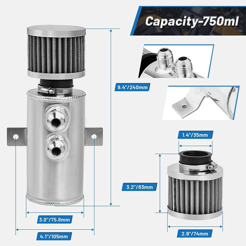 750ml 10AN Oil Catch Can Reservoir Tank & Breather Filter Baffled Aluminum Kit