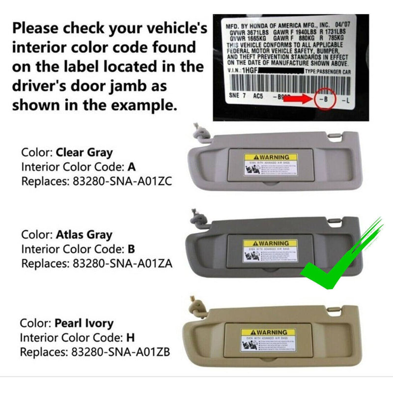 Sun Visor Dark Gray Left Right Set for 2006-2011 Honda Civic Pair
