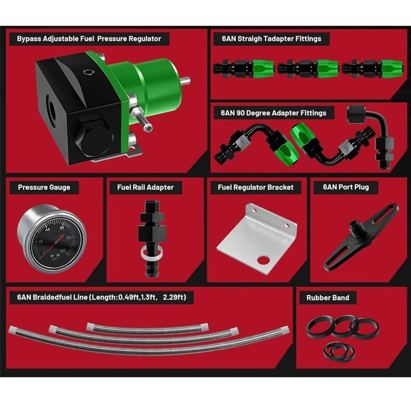 Adjustable Fuel Pressure Regulator Kit Oil 0-100psi Gauge -6AN Black & Green