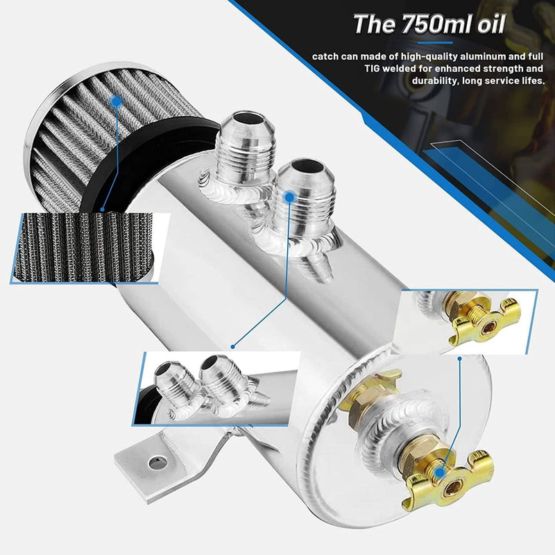 750ml 10AN Oil Catch Can Reservoir Tank & Breather Filter Baffled Aluminum Kit