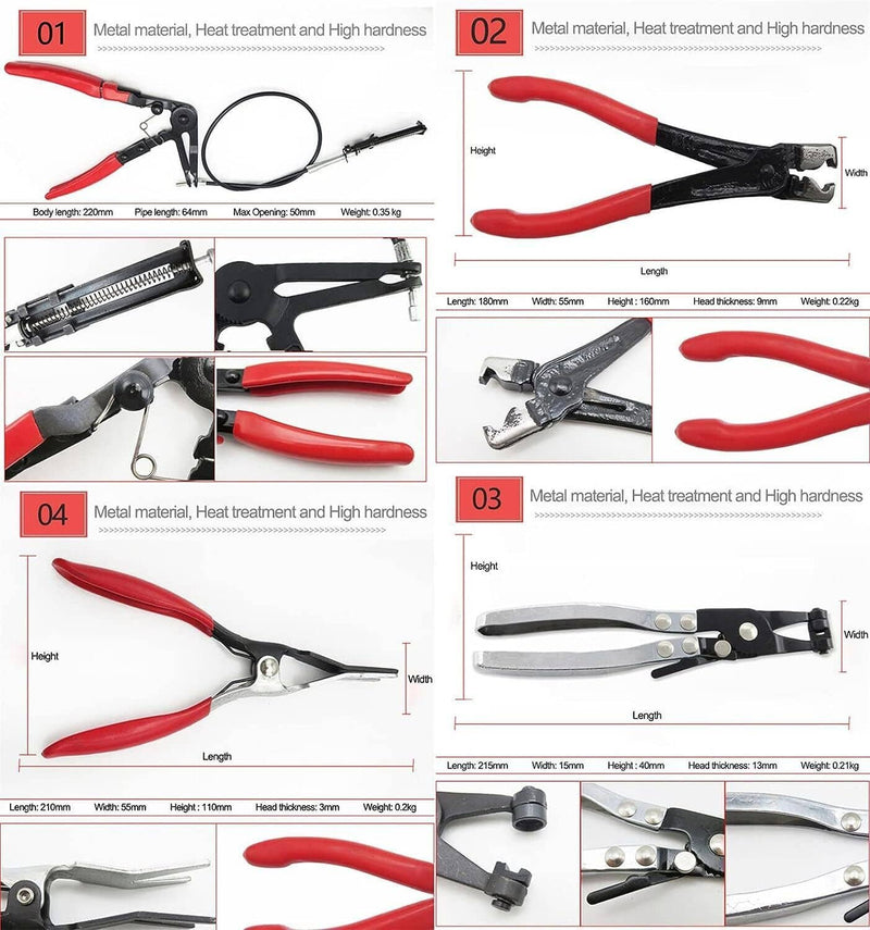 Hose Clamp Clip Plier Tool Set Swivel Jaw Flat Angled Band Flexible Automotive