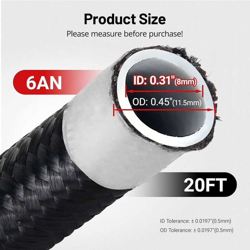 6AN 20FT PTFE E85 Fuel Line Fitting Kit LS Swap EFI Nylon Braided 3/8