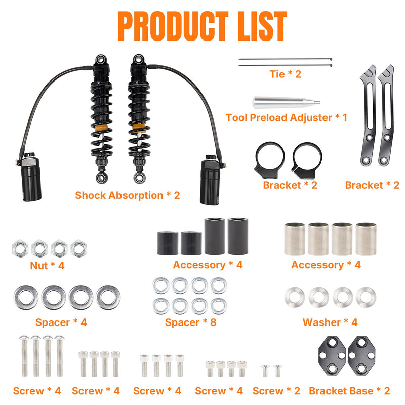 Upgraded 13" Remote Reservoir Rear Suspensions Shocks for Harley Touring