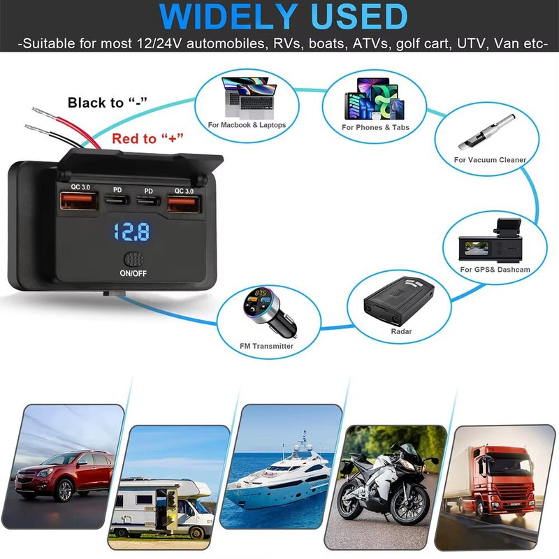 QC3.0 & PD Car Charger Socket Panel LED Voltmeter USB Power Outlet 12-24V for RV
