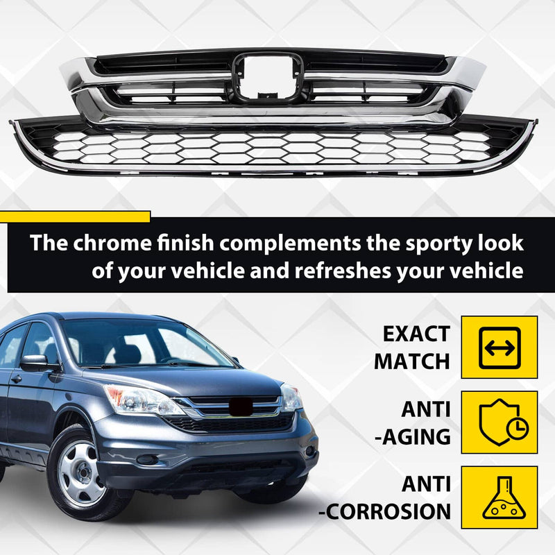 DURAFORCE Front Bumper Upper & Lower Grille ABS Chrome for Honda CRV CR-V 2010 2011