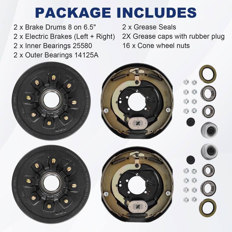 8 on 6.5" Hub Drum Kits with 12" x 2" LH RH Electric Brake for 7000 lbs
