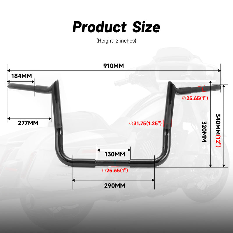 12 Inch Ape Hangers 1 1/4 Handlebar for Harley Street Glide Electra Tri Glide