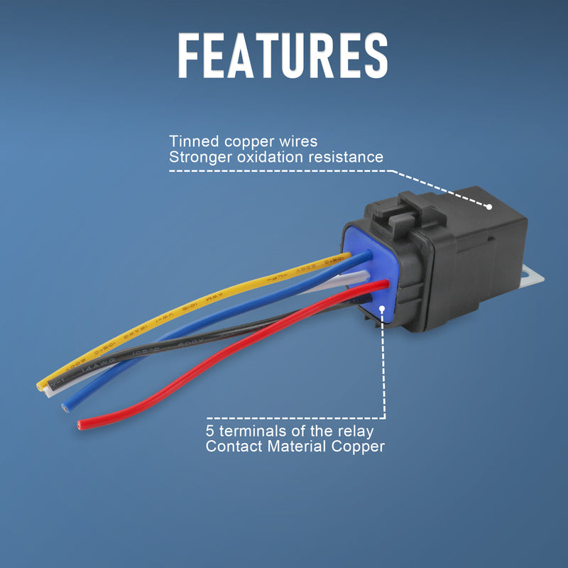 5 Pin 12V 40 Amp Relay Socket with 5" 12 Gauge Wire Pigtail Harness Waterproof