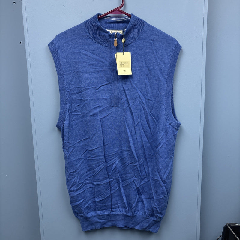 Sleeveless 1/4 Zip Vest For Donald Ross Men's L Blue 100 Percent Merino Wool