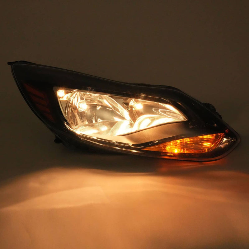 DURAFORCE Black Right Passenger Side Headlight Clear Lens Halogen for Ford Focus 2012-2014