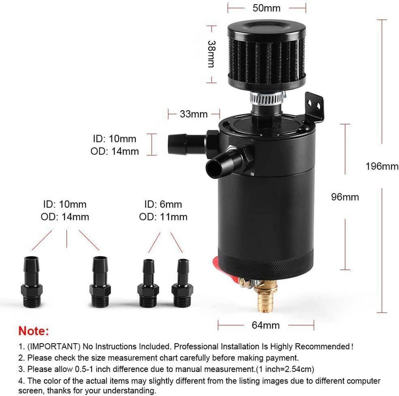 Black 2 Port Baffled Oil Catch Can Reservoir Tank Drain Valve Breather